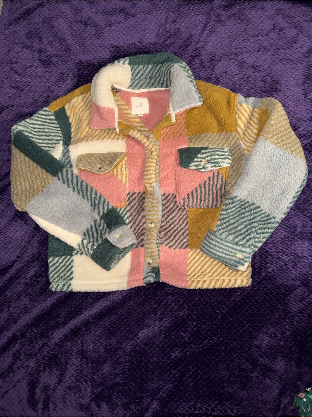 Cozy Colorblock Sherpa Shirt Jacket - Pink, Mustard & Green